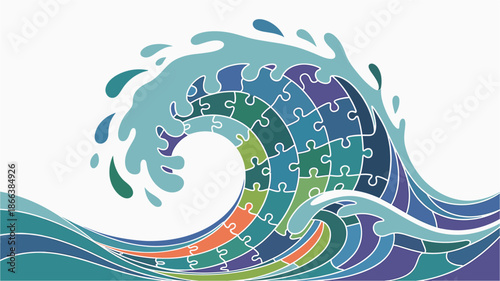 A colorful vector graphic of a wave made up of puzzle pieces in various shades of blue, green, and purple.