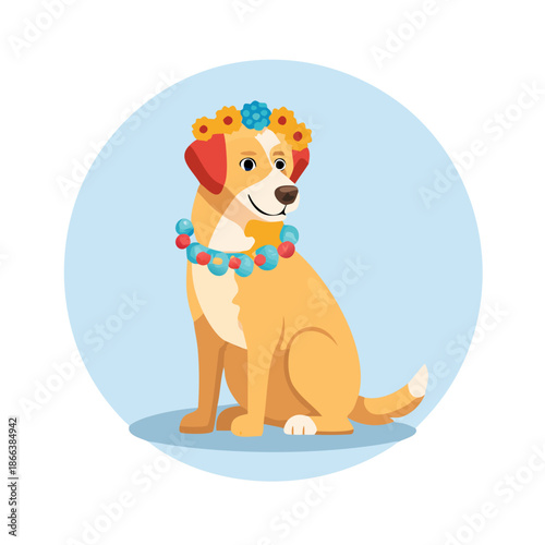 Cartoon dog wearing floral collar sitting in a circle