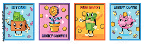 Vintage money posters. Cartoon finance mascots, wallet dollar cash financial coin literacy concept y2k retro cards groovy funny characters doodle stickers, neat vector illustration