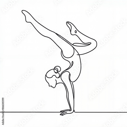 Line drawing of a woman performing a handstand on one hand  
