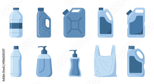 Collection of various blue plastic bottles and containers including water bottles detergent jugs and a soap dispenser for industrial use.