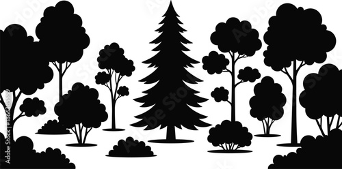 Forest tree silhouette vector illustration, pine and deciduous trees landscape scene, minimal black and white woodland nature design