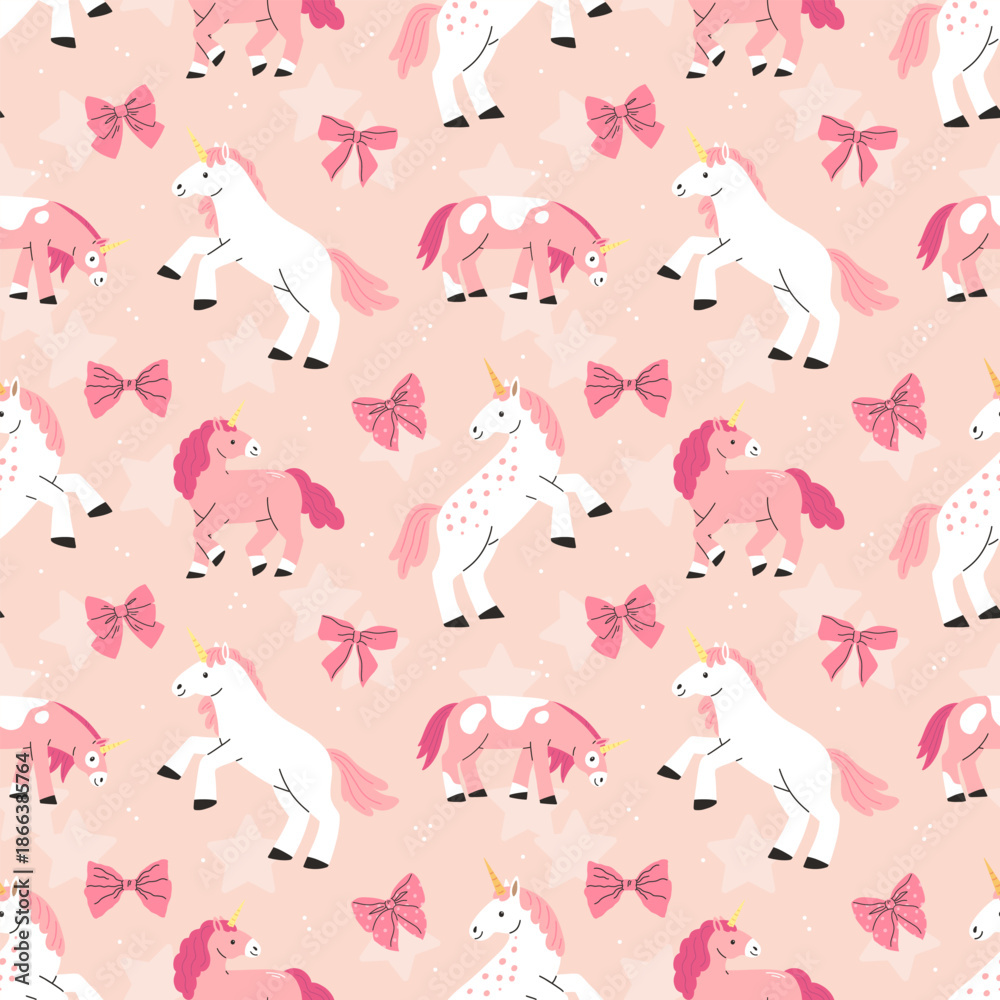 Fototapeta premium Seamless pattern with pink and white cute unicorns on a pink background. Vector fairytale background illustration