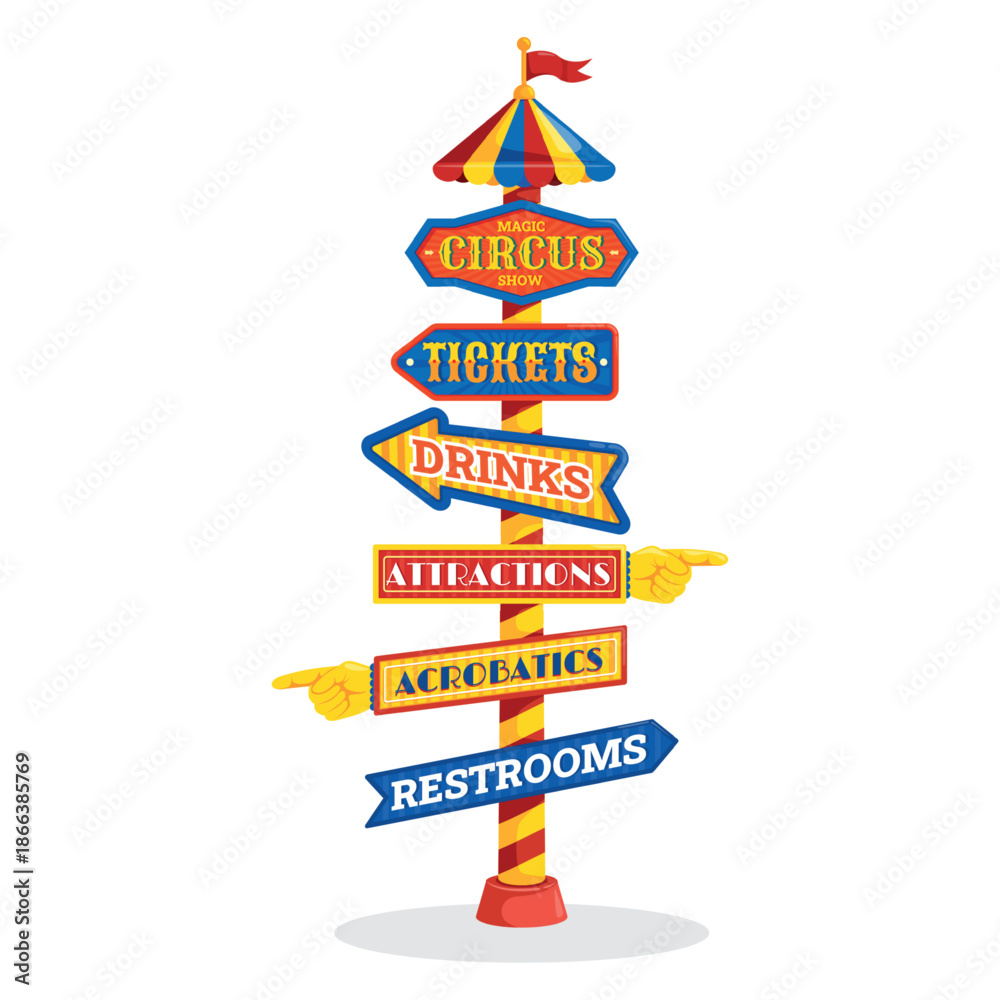 Naklejka premium Circus signpost. Amusement park sign board signage, retro carnival show direction pointers way arrows vintage summer fair wayfinding signboards post, kicky vector illustration