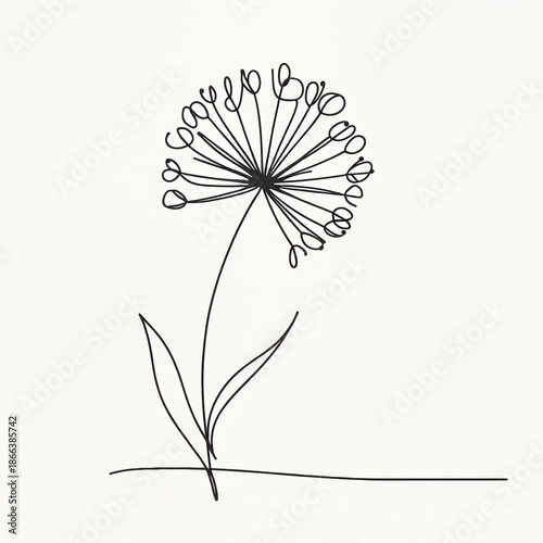 Simple line drawing of a flower with petals and leaves  