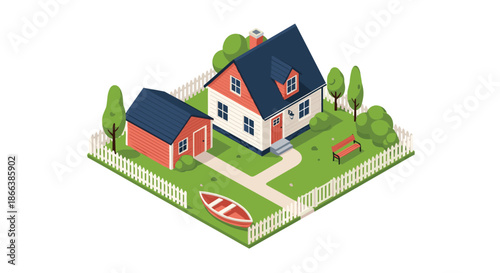 Charming isometric illustration of a small countryside house with a red roof a garden shed a wooden fence a red boat and green garden trees.