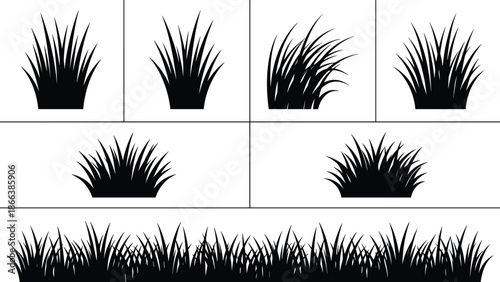 Grass and bush silhouette icon set, wild meadow foliage shapes, black natural vegetation elements isolated on white
