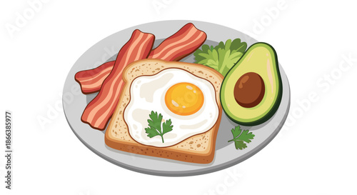 Delicious breakfast plate featuring a fried egg on toast crispy bacon slices and half an avocado garnished with fresh parsley for healthy eating.