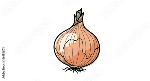 Single whole onion bulb with a few green sprouts at the top is depicted in a clean and simple vector illustration on a white background.