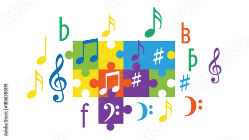 A colorful vector graphic of musical notes and symbols forming a puzzle