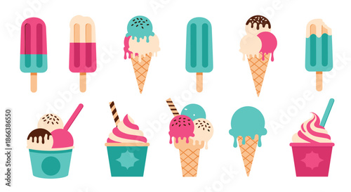 Wide variety of colorful ice cream treats including popsicles, cones with multiple scoops, and frozen yogurt in cups are shown in a grid.