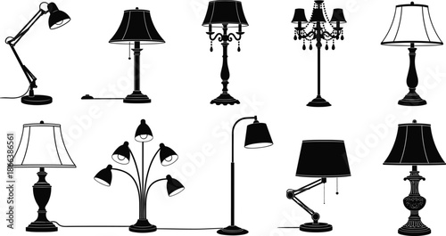 Lamp silhouette illustration set, desk and floor lamps, modern and vintage styles, black vector icons, lighting design elements