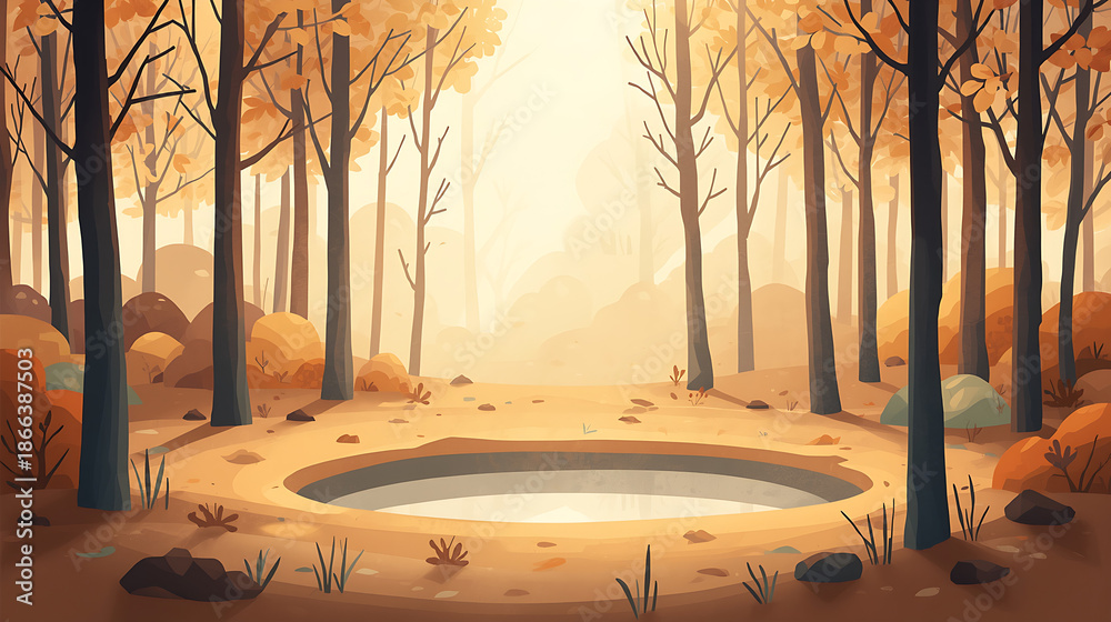 Obraz premium A pastel-style illustration showcases a tranquil autumn forest with tall trees featuring golden, orange, and light brown leaves, encircling a small reflective pond, all bathed in warm sunlight that co