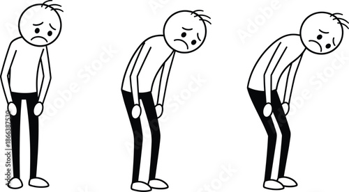 Sad stick figure illustration, emotional decline concept, mental health awareness, cartoon depression, burnout visual, fatigue drawing, posture change, sadness