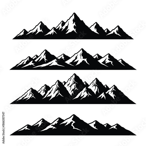 Black & White Mountain Range Silhouettes: Sharp Peaks, Snowy Accents - Nature, Adventure, Outdoor Design Graphics