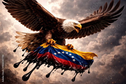 American Eagle Holding Venezuelan Flag Dripping Oil