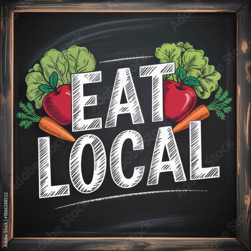 Eat local chalkboard sign with fresh vegetables rustic farm to table food illustration for farmers market and organic restaurant