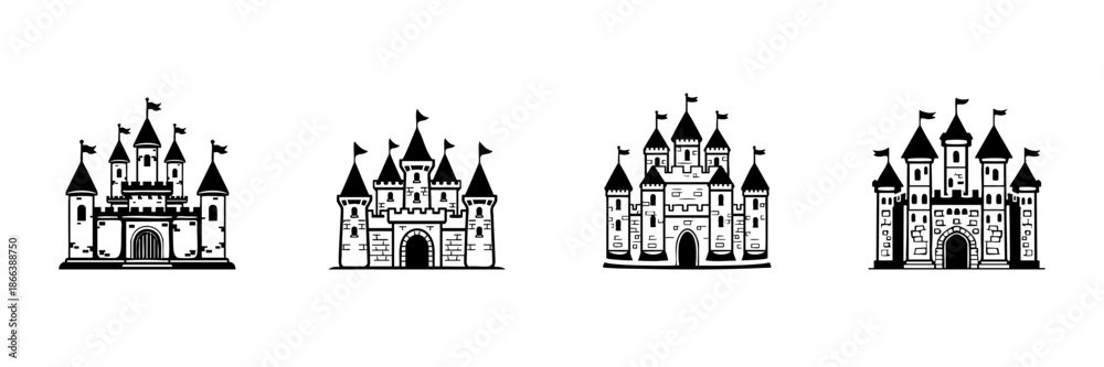 Fototapeta premium Castle Silhouettes In Hand Drawn Style Set. Medieval Architecture, Fantasy Fortresses, Fairytale Castles Doodle Sketch Collection. Historic Landmark Icons. Isolated Vector Illustration