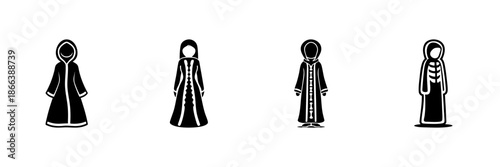 Traditional Hooded Robes In Hand Drawn Style Set. Cultural Clothing, Modest Fashion, Ethnic Attire Doodle Sketch Collection. Isolated Vector Illustration