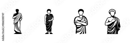Ancient Roman Figures In Hand Drawn Style Set. Classical Toga Attire, Historical Roman Culture, Traditional Clothing Doodle Sketch Collection. Isolated Vector Illustration