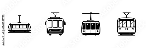Tram And Trolleybus Icons In Hand Drawn Style Set. Urban Public Transportation, Eco-Friendly Commuting Doodle Sketch Collection. City Transit Solutions. Isolated Vector Illustration
