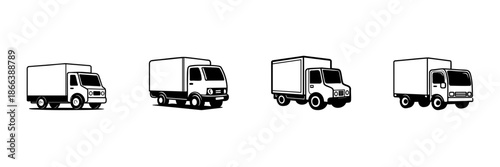 Box Truck Icons In Hand Drawn Style Set. Delivery And Logistics Vehicle Doodle Sketch Collection. Transportation And Shipping Illustration. Isolated Vector Illustration