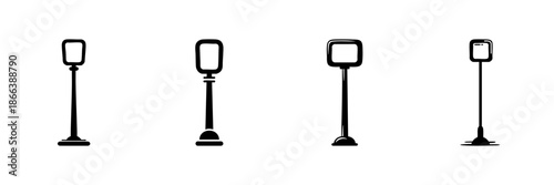 Street Lamp Post Silhouettes In Hand Drawn Style Set. Urban Lighting, Outdoor Illumination, City Infrastructure Doodle Sketch Collection. Vintage Design Elements. Isolated Vector Illustration