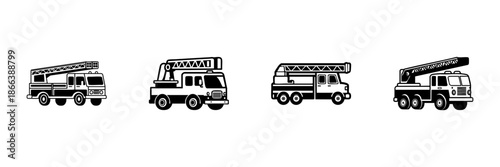 Fire Truck Icons In Hand Drawn Style Set. Emergency Response, Firefighting Equipment, Rescue Operations Doodle Sketch Collection. Isolated Vector Illustration