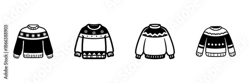 Four Winter Sweaters In Hand Drawn Style Set. Cozy Knitwear, Seasonal Fashion, Warm Clothing Doodle Sketch Collection. Holiday Apparel Designs. Isolated Vector Illustration