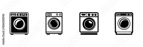 Washing Machine Icons In Hand Drawn Style Set. Laundry Appliance, Home Cleaning Equipment Doodle Sketch Collection. Household Chore Symbols. Isolated Vector Illustration