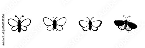 Butterfly And Moth Silhouettes In Hand Drawn Style Set. Insect Diversity And Nature Symbolism Doodle Sketch Collection. Entomology And Wildlife Art. Isolated Vector Illustration