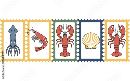 Italian Seafood Postcard Stamp Set, vintage-inspired collection featuring Mediterranean fish, shellfish, and seafood illustrations, perfect for travel postcards, restaurant branding, culinary designs,