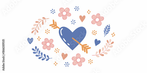 Floral wreath illustration featuring a blue heart pierced by an arrow
