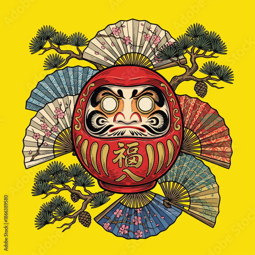 Japanese Daruma Doll with Traditional Fans and Pine Branches.