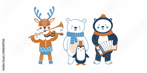 A festive illustration of arctic animals playing musical instruments together