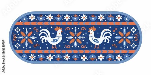 Decorative oval rug featuring stylized roosters and traditional folk art patterns