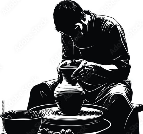 Potter working on a pottery wheel creating a vase in a detailed silhouette vector illustration