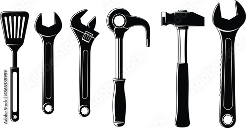 Hand tools silhouettes set with wrench hammer spanner toolkit icons, mechanical repair equipment black vector illustration isolated white background