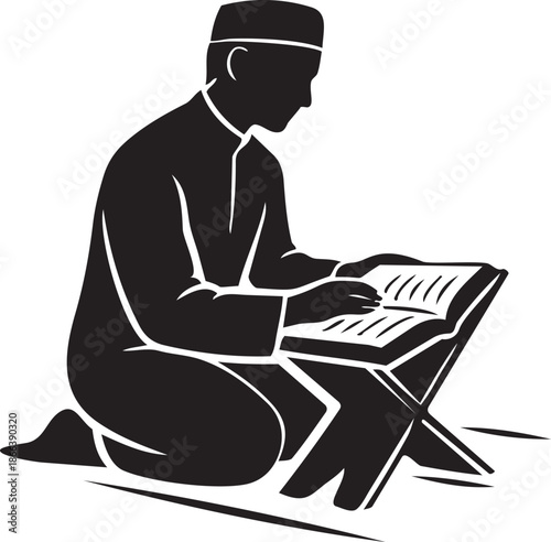 Silhouette of a Muslim Man Reading the Holy Quran on a Rehal Stand during Prayer or Study