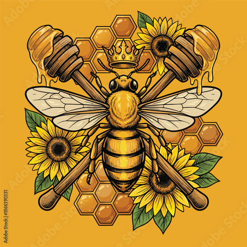 Majestic Bee Crowned King Surrounded by Honeycomb and Sunflowers.
