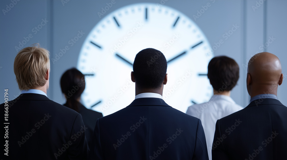 Obraz premium silhouetted team staring at giant projected deadline rapidly approaching on wall