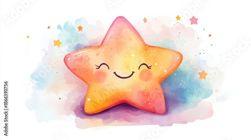 cute watercolor star character smiling, pastel color, white background