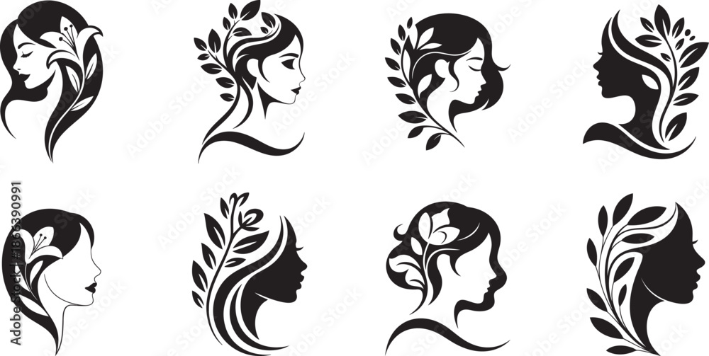 Obraz premium Collection of various beautiful women head Silhouette, woman's head with flowers, different shapes of women vector illustration for logo. 