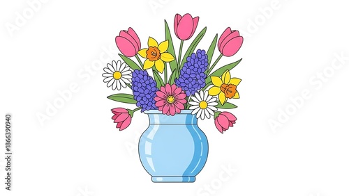 A colorful illustration of spring flowers including tulips, daffodils, and hyacinths in a blue vase