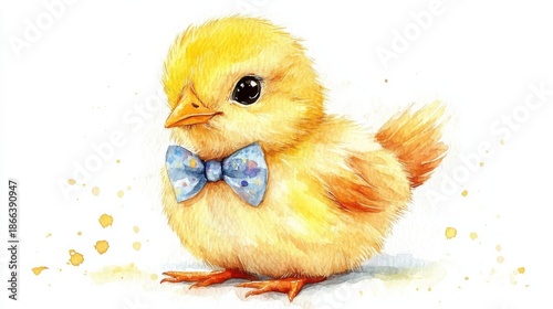 watercolor cartoon baby chick with a bow tie, white background