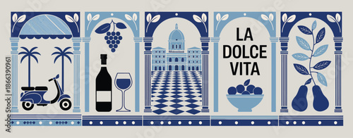 Italian summer vacation illustration, hand-drawn style travel poster featuring dolce vita aesthetic, blue Mediterranean frame, wine bottle, Amalfi lemons, and postcard elements, perfect for holiday