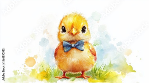 watercolor cartoon baby chick with a bow tie, white background