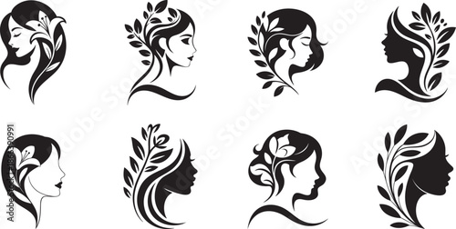 Collection of various beautiful women head  Silhouette, woman's head with flowers, different shapes of women  vector illustration for logo. 
