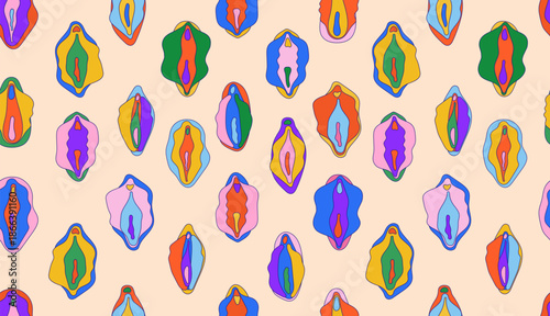 Seamless pattern with female reproductive system. Stylized anatomical vulva, vagina motifs in clean, educational. Repeat pattern for women’s health awareness, medical design, education, biology themes