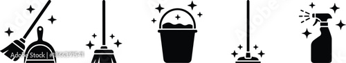 Cleaning and housekeeping icons set featuring broom mop bucket plunger and spray bottle symbols for hygiene service and maintenance design